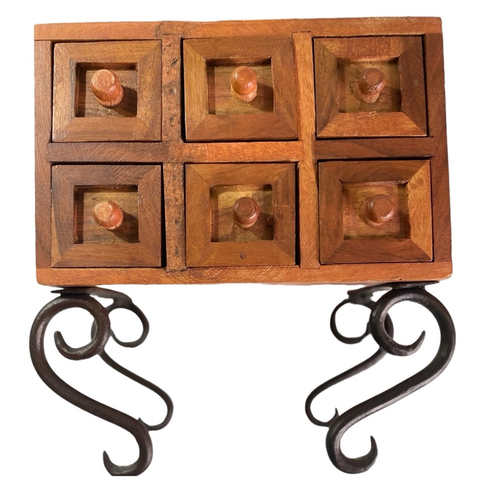 Balinese Wooden Jewelry Box Has 6 Distinct Pull Out Drawers on Wrought Iron Legs